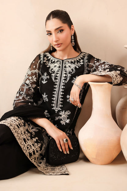 Maria B | Pre Fall Dresses | 3 Piece Embroidered Cotton Net Suit Black - Pakistani Designer Dress - by Maria B - Type : Ladies Clothes - 100% Original at Saira Sultan