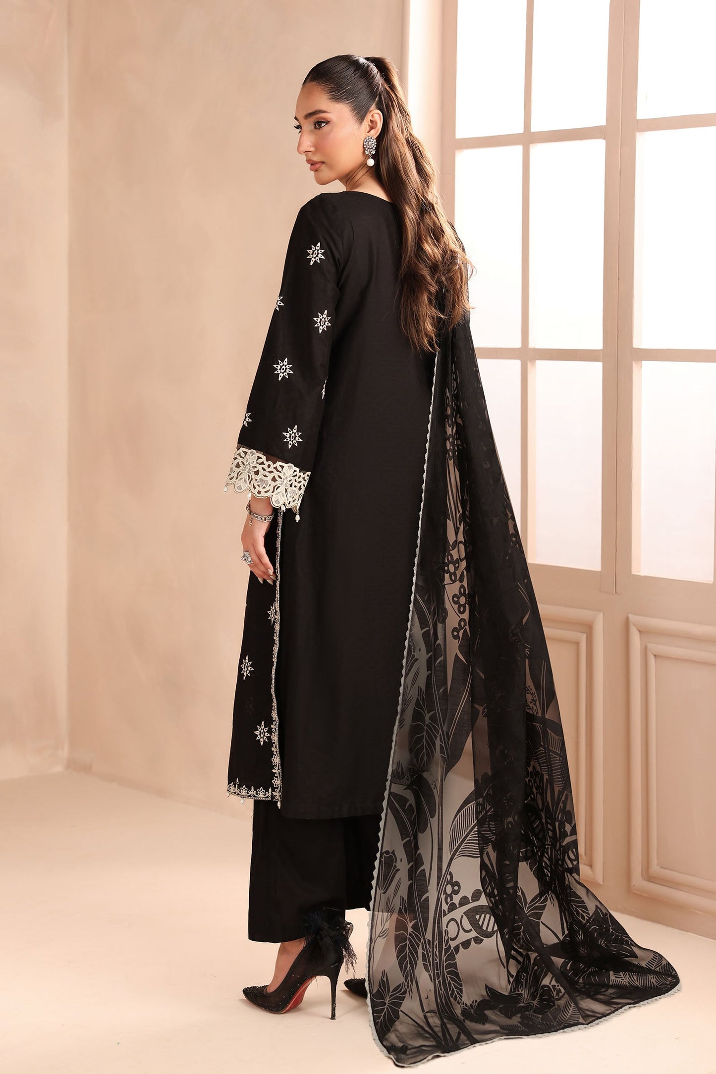 Maria B | Pre Fall Dresses | 3 Piece Embroidered Dobby Suit Black - Pakistani Designer Dress - by Maria B - Type : Ladies Clothes - 100% Original at Saira Sultan
