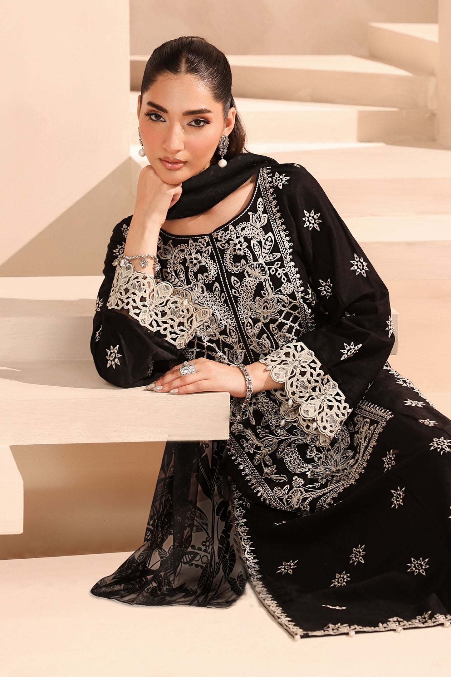 Maria B | Pre Fall Dresses | 3 Piece Embroidered Dobby Suit Black - Pakistani Designer Dress - by Maria B - Type : Ladies Clothes - 100% Original at Saira Sultan