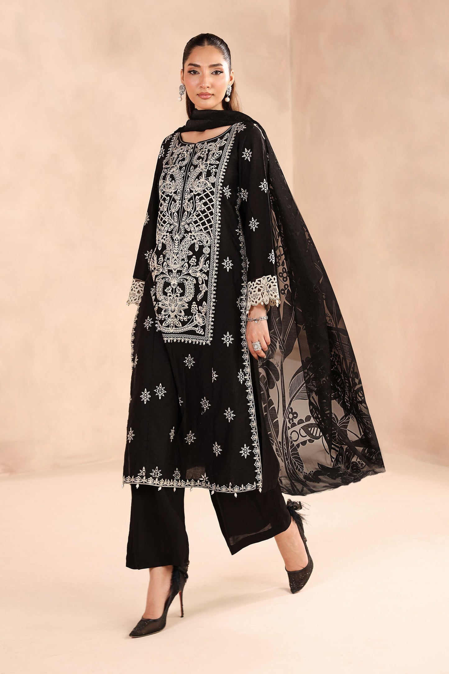 Maria B | Pre Fall Dresses | 3 Piece Embroidered Dobby Suit Black - Pakistani Designer Dress - by Maria B - Type : Ladies Clothes - 100% Original at Saira Sultan