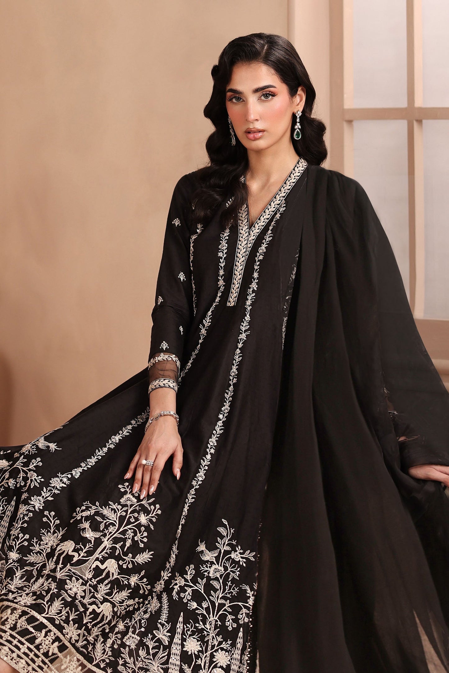 Maria B | Pre Fall Dresses | 3 Piece Embroidered Dobby Suit Black1 - Pakistani Designer Dress - by Maria B - Type : Ladies Clothes - 100% Original at Saira Sultan