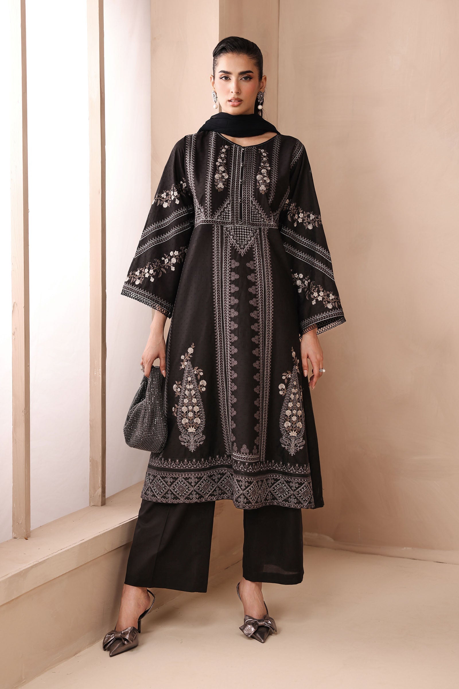 Maria B | Pre Fall Dresses | 3 Piece Embroidered Dobby Suit Black2 - Pakistani Designer Dress - by Maria B - Type : Ladies Clothes - 100% Original at Saira Sultan