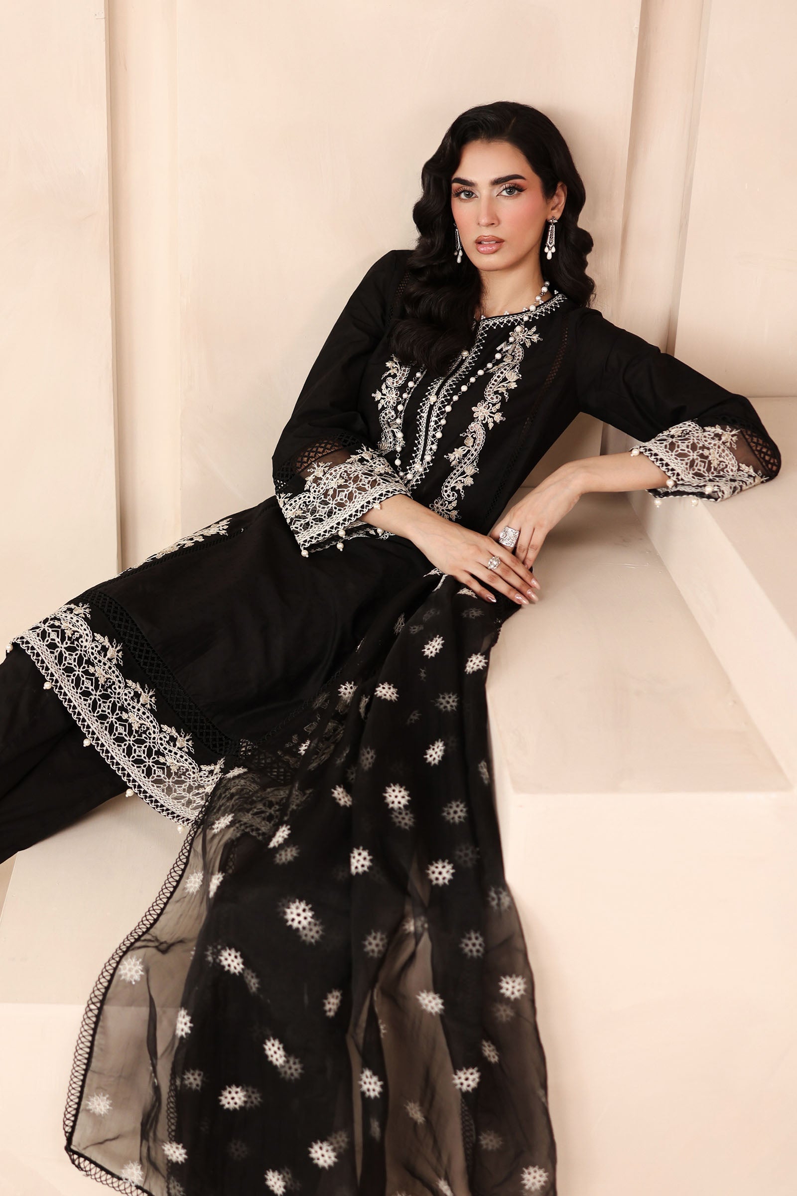 Maria B | Pre Fall Dresses | 3 Piece Embroidered Dobby Suit Black3 - Pakistani Designer Dress - by Maria B - Type : Ladies Clothes - 100% Original at Saira Sultan
