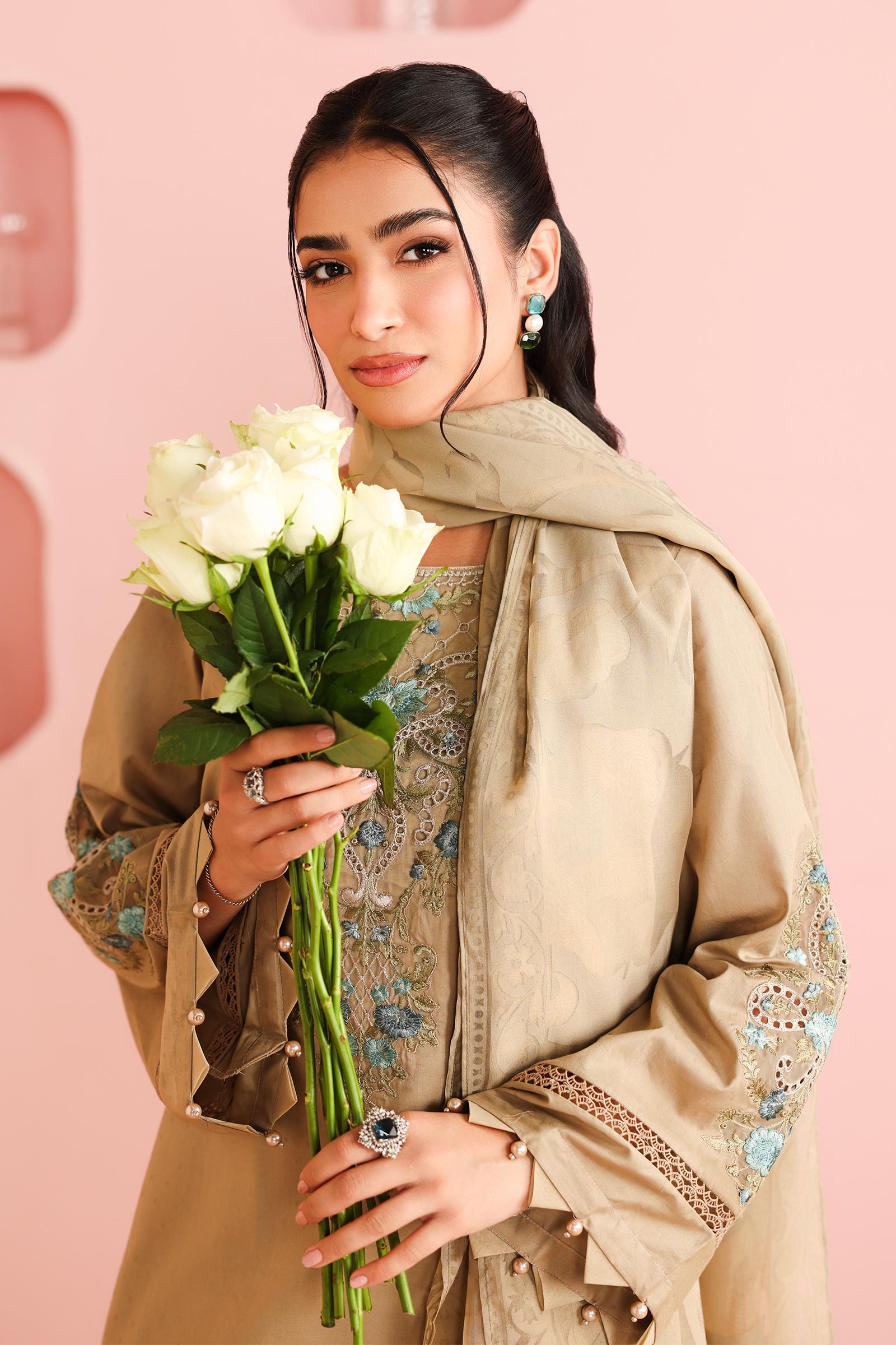 Maria B | Pre Fall Dresses | 3 Piece Embroidered Dobby Suit Coffee - Pakistani Designer Dress - by Maria B - Type : Ladies Clothes - 100% Original at Saira Sultan