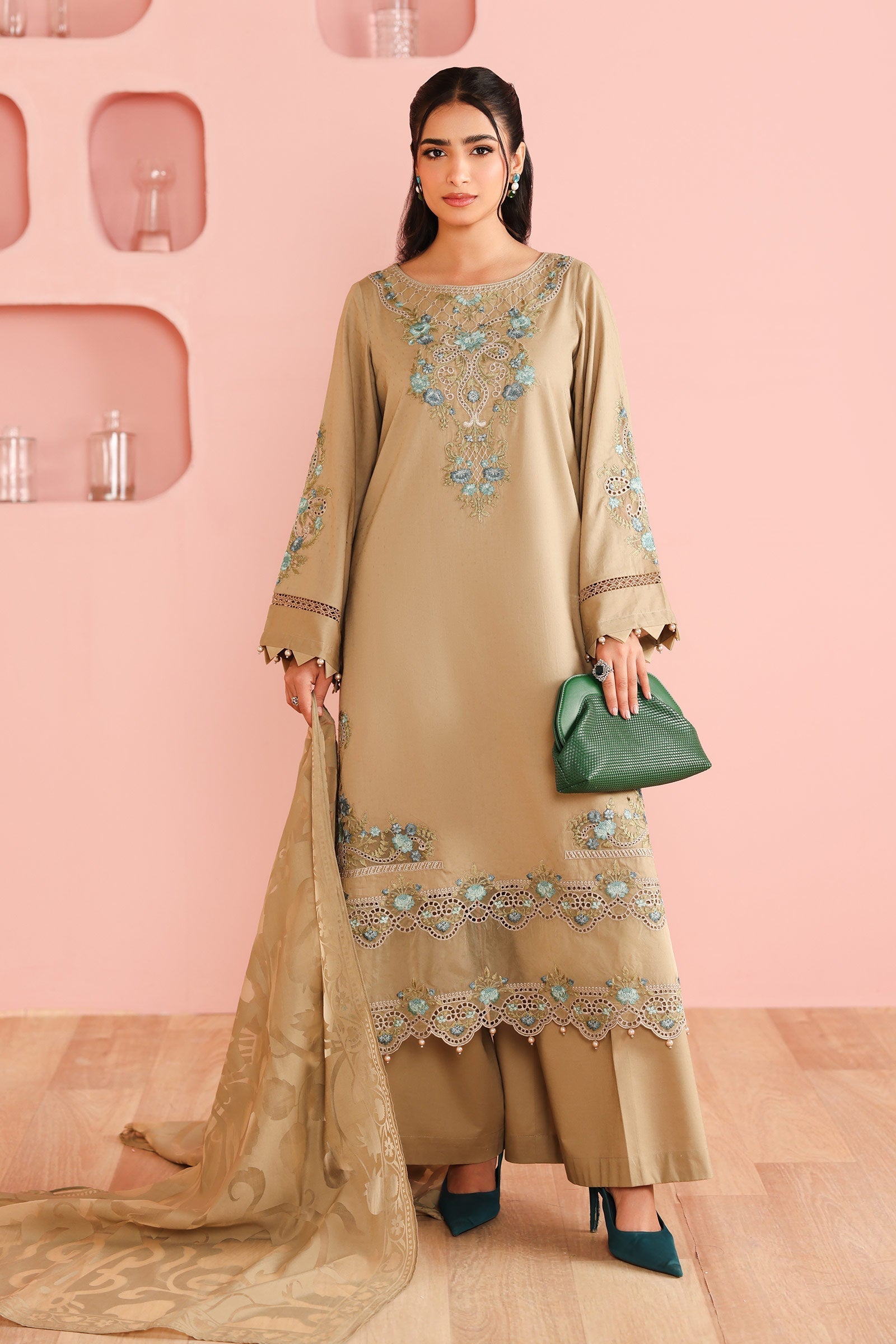 Maria B | Pre Fall Dresses | 3 Piece Embroidered Dobby Suit Coffee - Pakistani Designer Dress - by Maria B - Type : Ladies Clothes - 100% Original at Saira Sultan