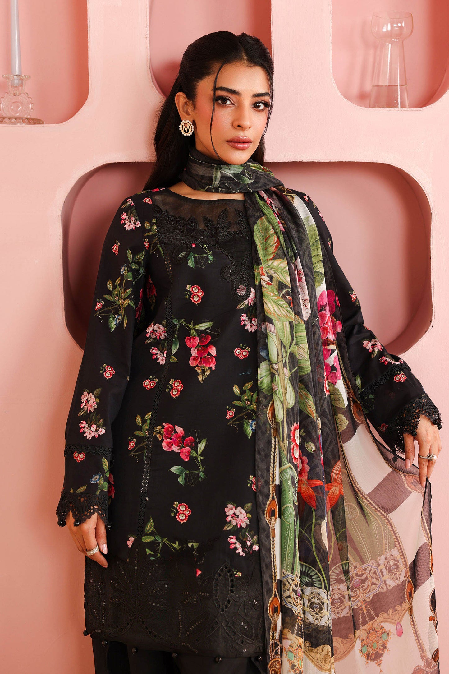 Maria B | Pre Fall Dresses | 3 Piece Embroidered Cotton Suit Black - Pakistani Designer Dress - by Maria B - Type : Ladies Clothes - 100% Original at Saira Sultan