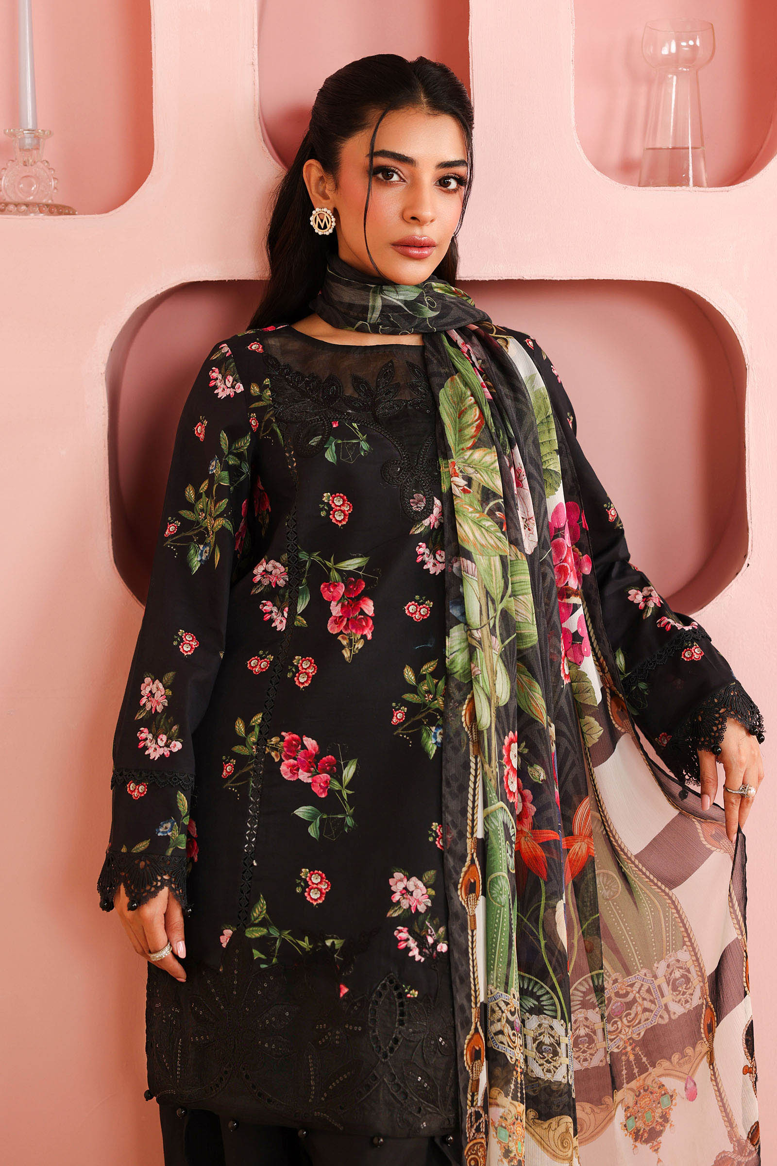 Maria B | Pre Fall Dresses | 3 Piece Embroidered Cotton Suit Black - Pakistani Designer Dress - by Maria B - Type : Ladies Clothes - 100% Original at Saira Sultan