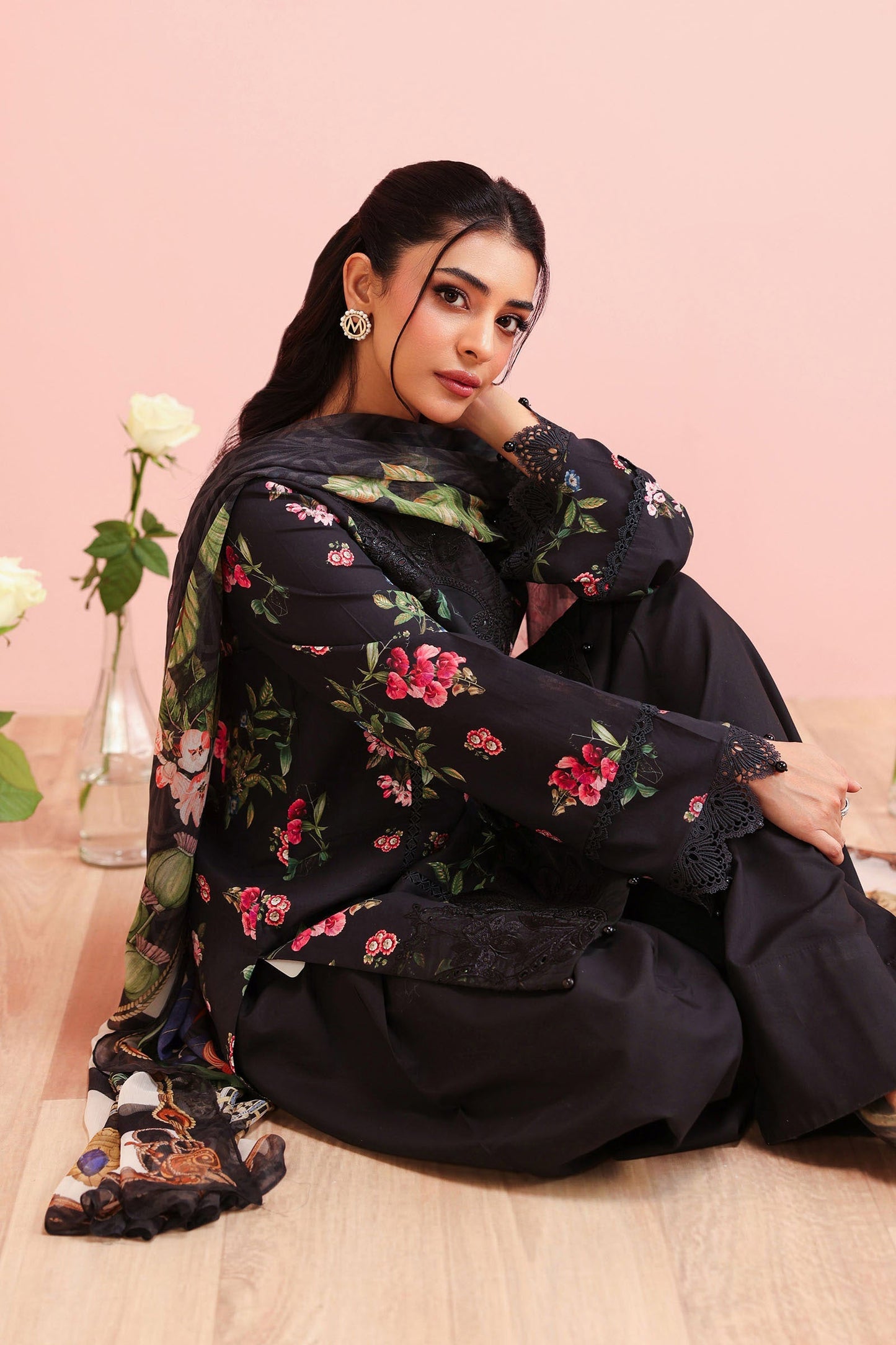 Maria B | Pre Fall Dresses | 3 Piece Embroidered Cotton Suit Black - Pakistani Designer Dress - by Maria B - Type : Ladies Clothes - 100% Original at Saira Sultan