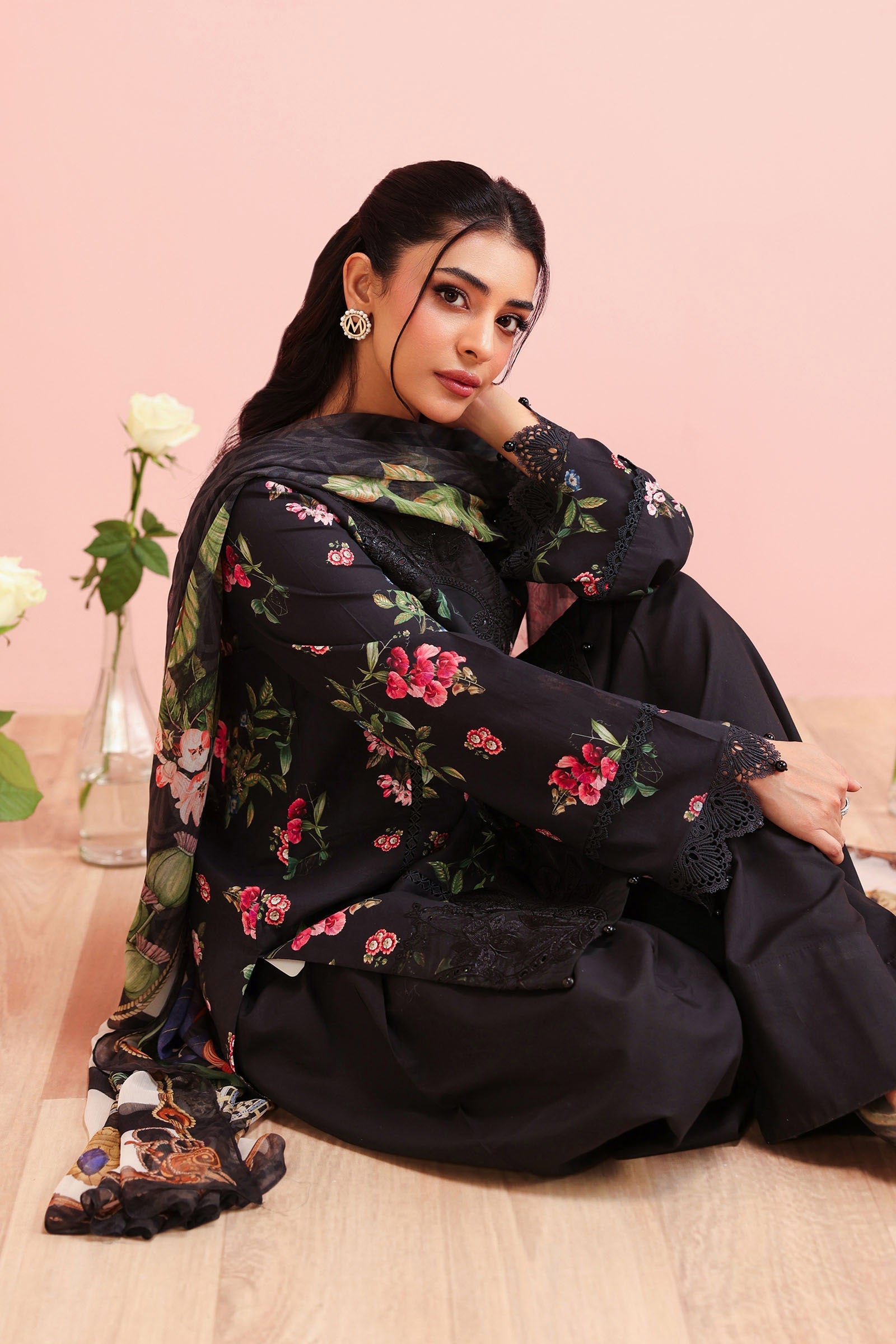 Maria B | Pre Fall Dresses | 3 Piece Embroidered Cotton Suit Black - Pakistani Designer Dress - by Maria B - Type : Ladies Clothes - 100% Original at Saira Sultan
