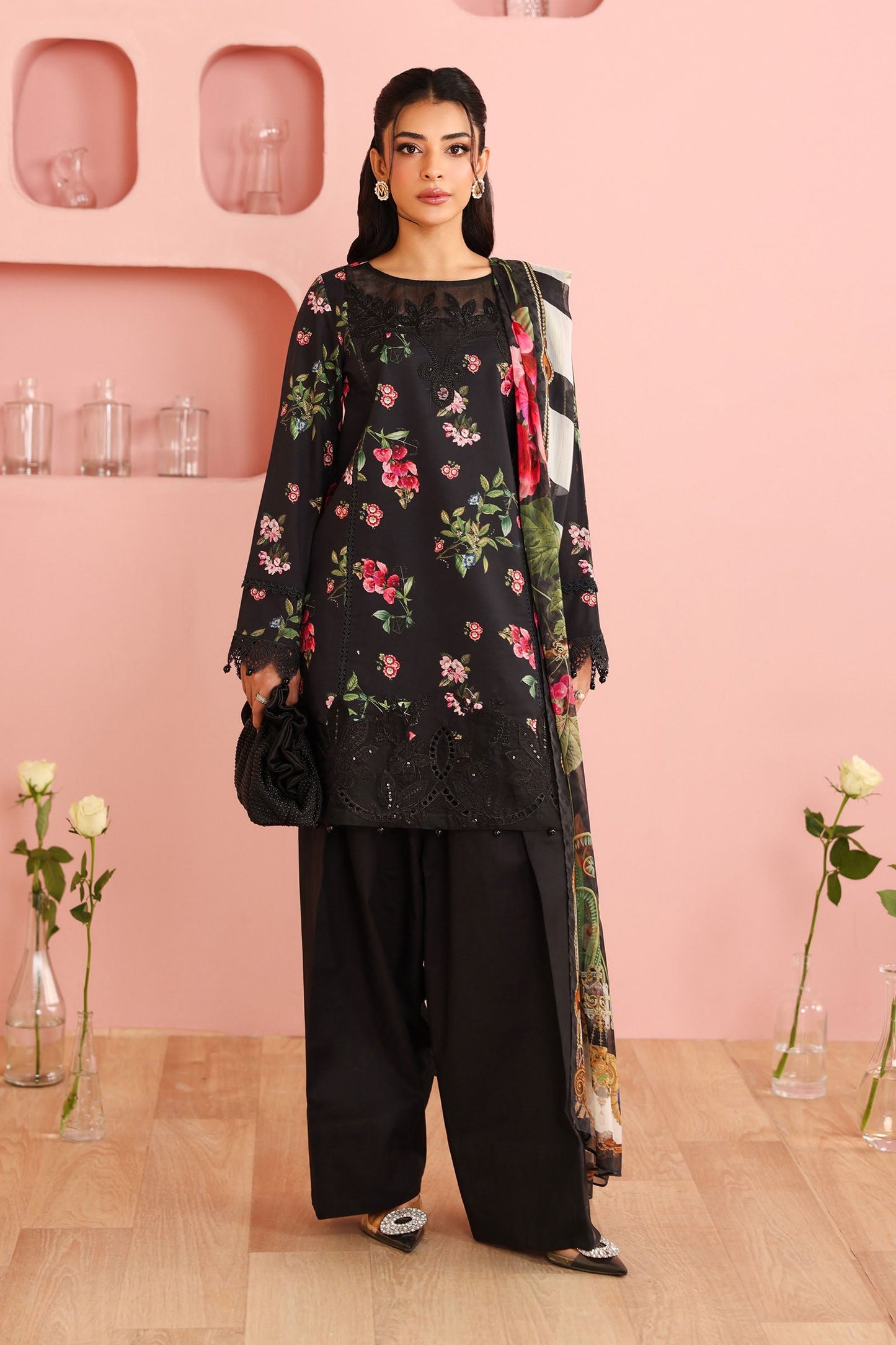Maria B | Pre Fall Dresses | 3 Piece Embroidered Cotton Suit Black - Pakistani Designer Dress - by Maria B - Type : Ladies Clothes - 100% Original at Saira Sultan