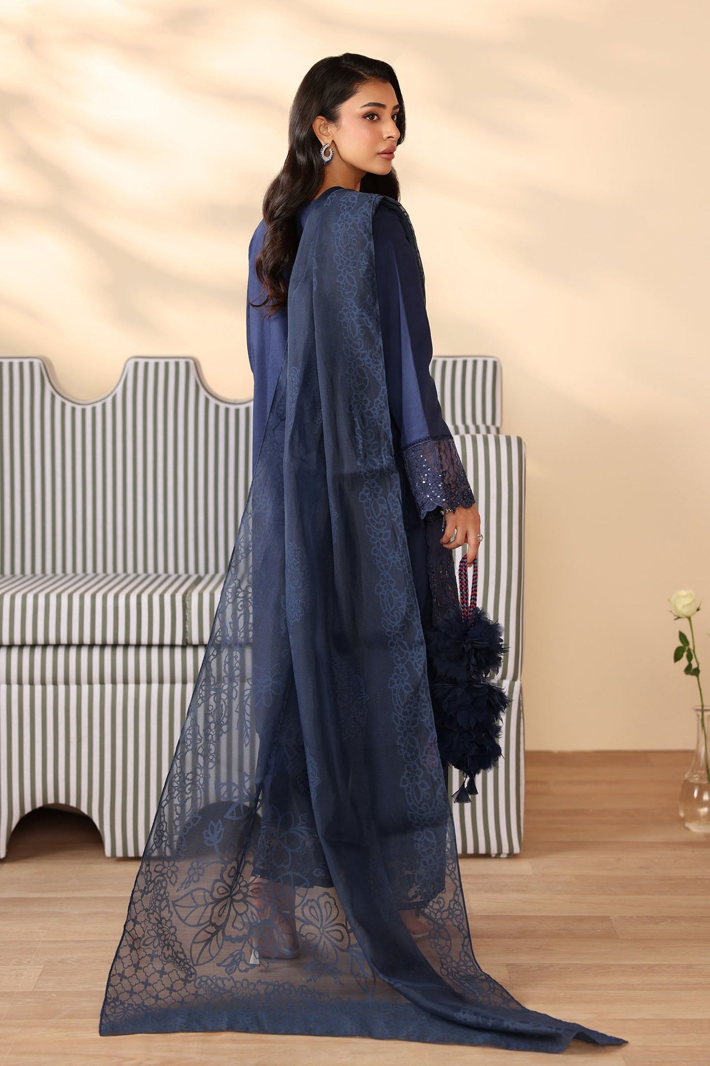 Maria B | Pre Fall Dresses | 3 Piece Embroidered Dobby Suit Navy Blue - Pakistani Designer Dress - by Maria B - Type : Ladies Clothes - 100% Original at Saira Sultan