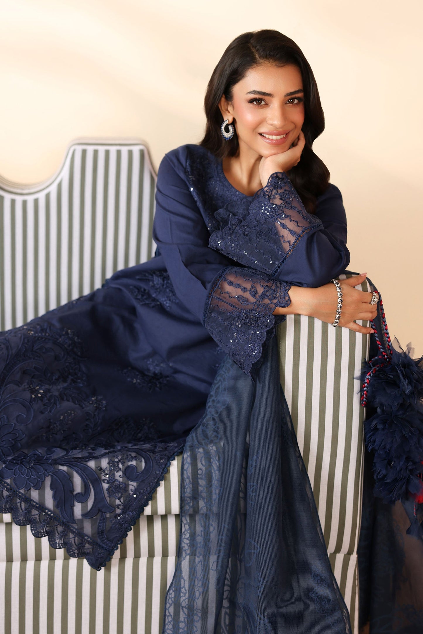 Maria B | Pre Fall Dresses | 3 Piece Embroidered Dobby Suit Navy Blue - Pakistani Designer Dress - by Maria B - Type : Ladies Clothes - 100% Original at Saira Sultan
