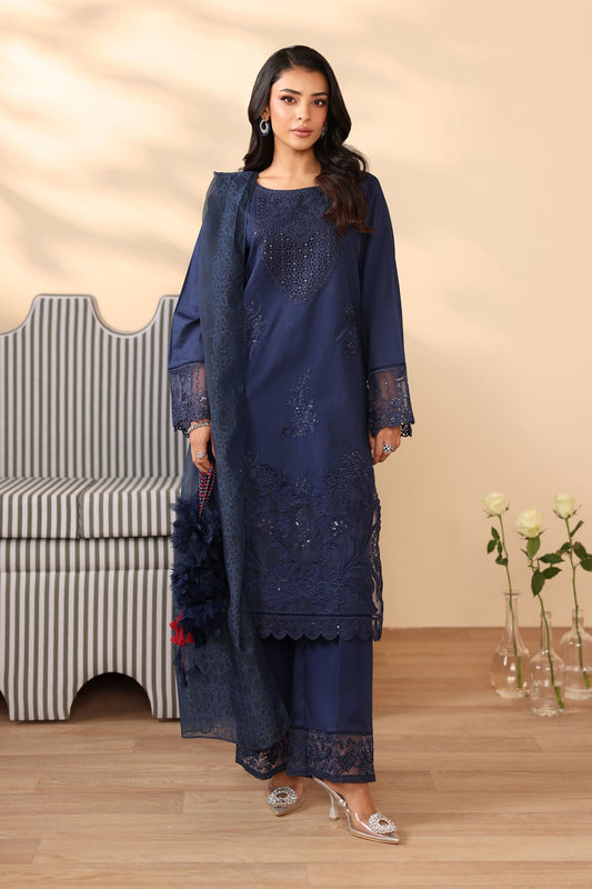 Maria B | Pre Fall Dresses | 3 Piece Embroidered Dobby Suit Navy Blue - Pakistani Designer Dress - by Maria B - Type : Ladies Clothes - 100% Original at Saira Sultan