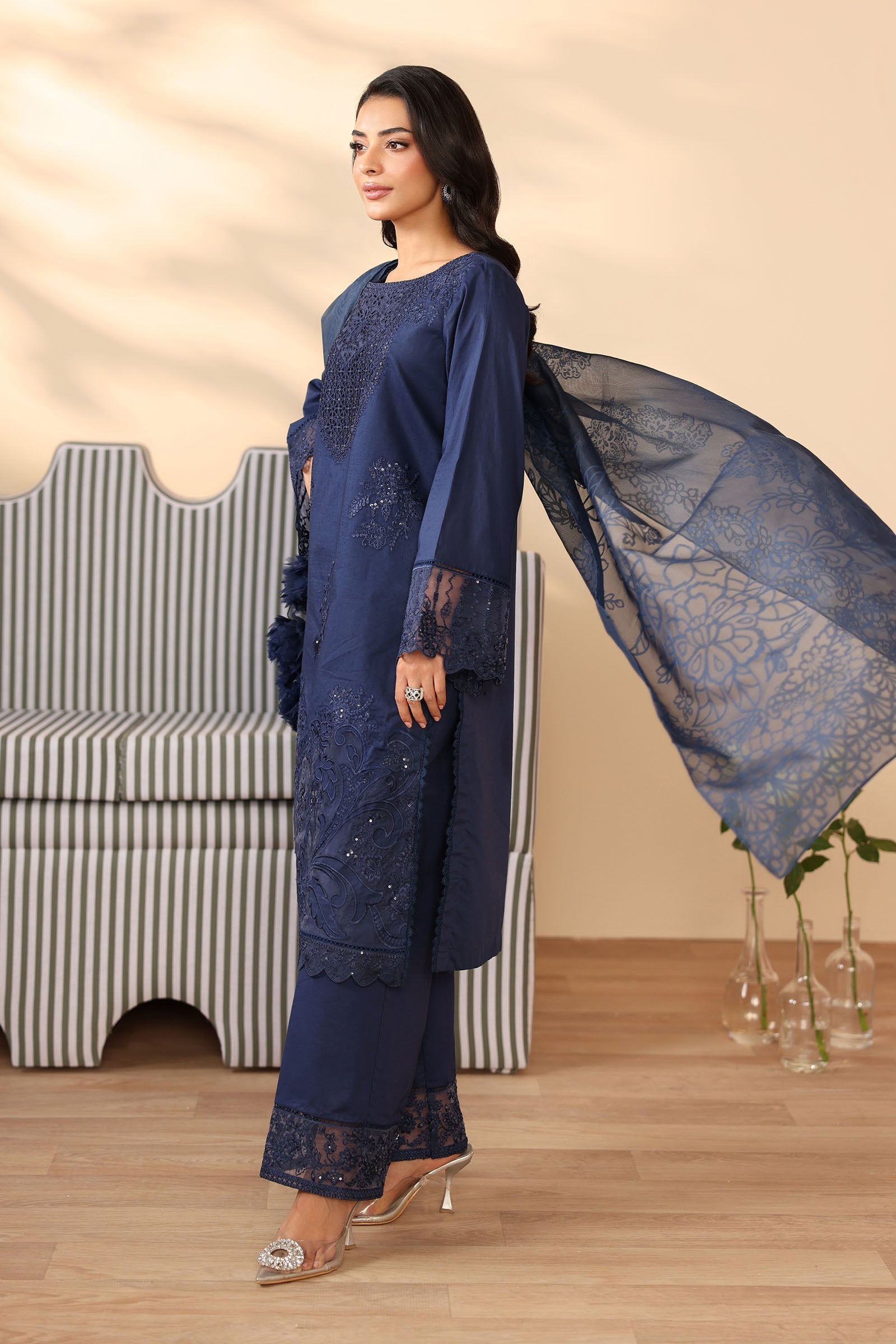 Maria B | Pre Fall Dresses | 3 Piece Embroidered Dobby Suit Navy Blue - Pakistani Designer Dress - by Maria B - Type : Ladies Clothes - 100% Original at Saira Sultan
