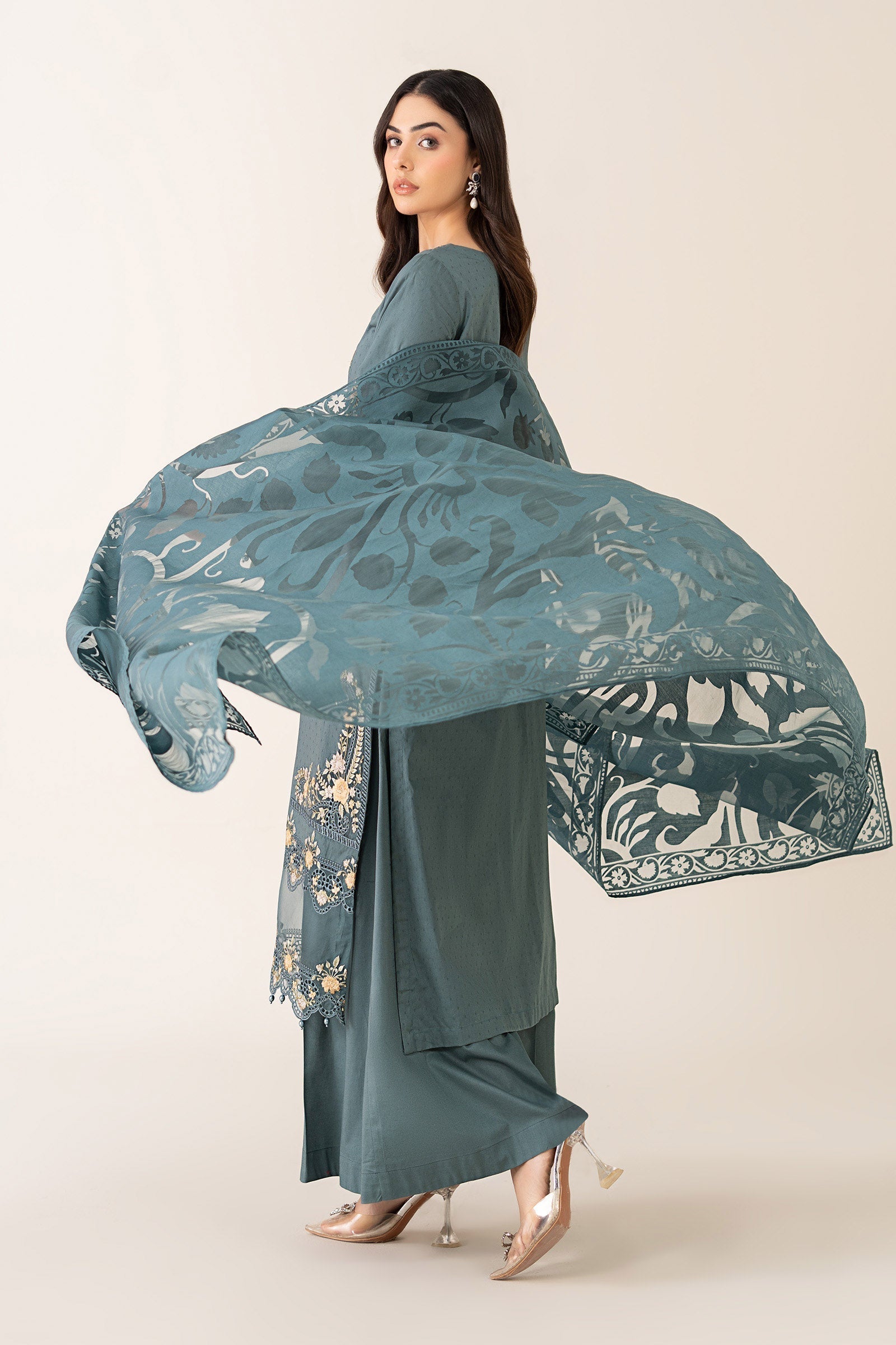 Maria B | Pre Fall Dresses | 3 Piece Embroidered Dobby Suit Teal - Pakistani Designer Dress - by Maria B - Type : Ladies Clothes - 100% Original at Saira Sultan