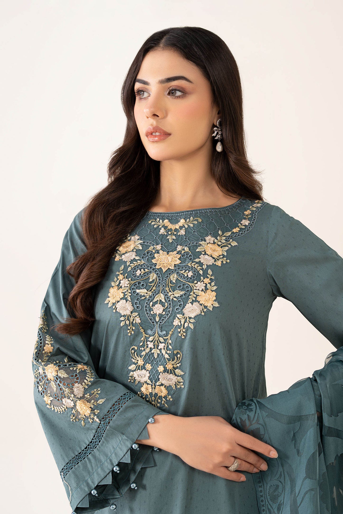 Maria B | Pre Fall Dresses | 3 Piece Embroidered Dobby Suit Teal - Pakistani Designer Dress - by Maria B - Type : Ladies Clothes - 100% Original at Saira Sultan