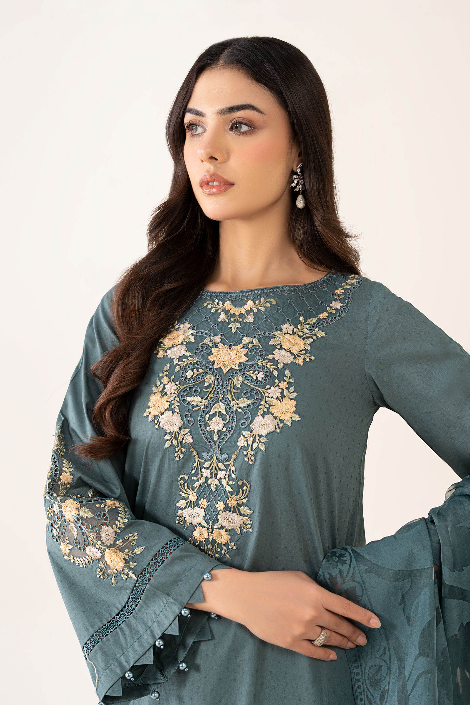 Maria B | Pre Fall Dresses | 3 Piece Embroidered Dobby Suit Teal - Pakistani Designer Dress - by Maria B - Type : Ladies Clothes - 100% Original at Saira Sultan