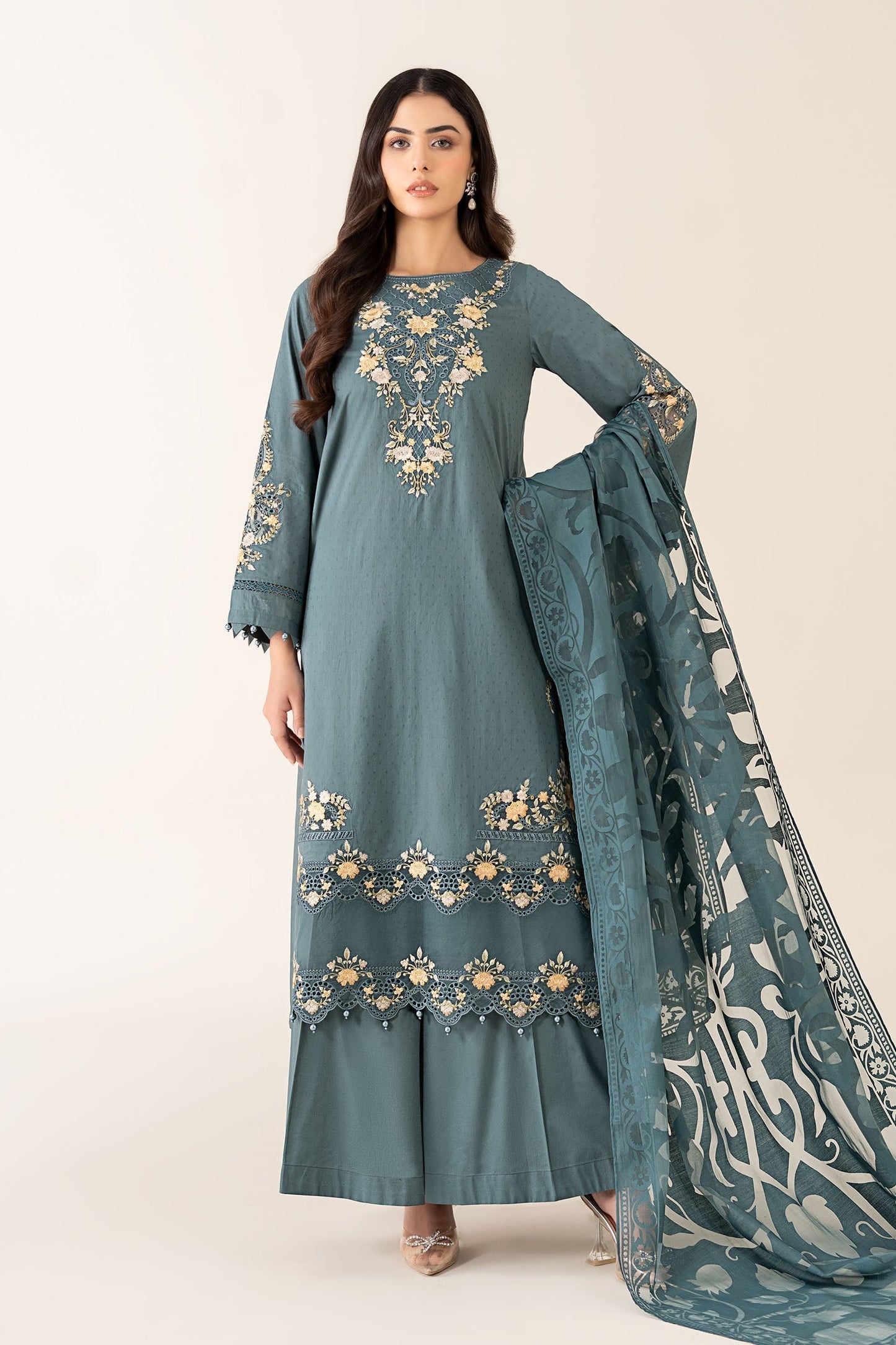 Maria B | Pre Fall Dresses | 3 Piece Embroidered Dobby Suit Teal - Pakistani Designer Dress - by Maria B - Type : Ladies Clothes - 100% Original at Saira Sultan