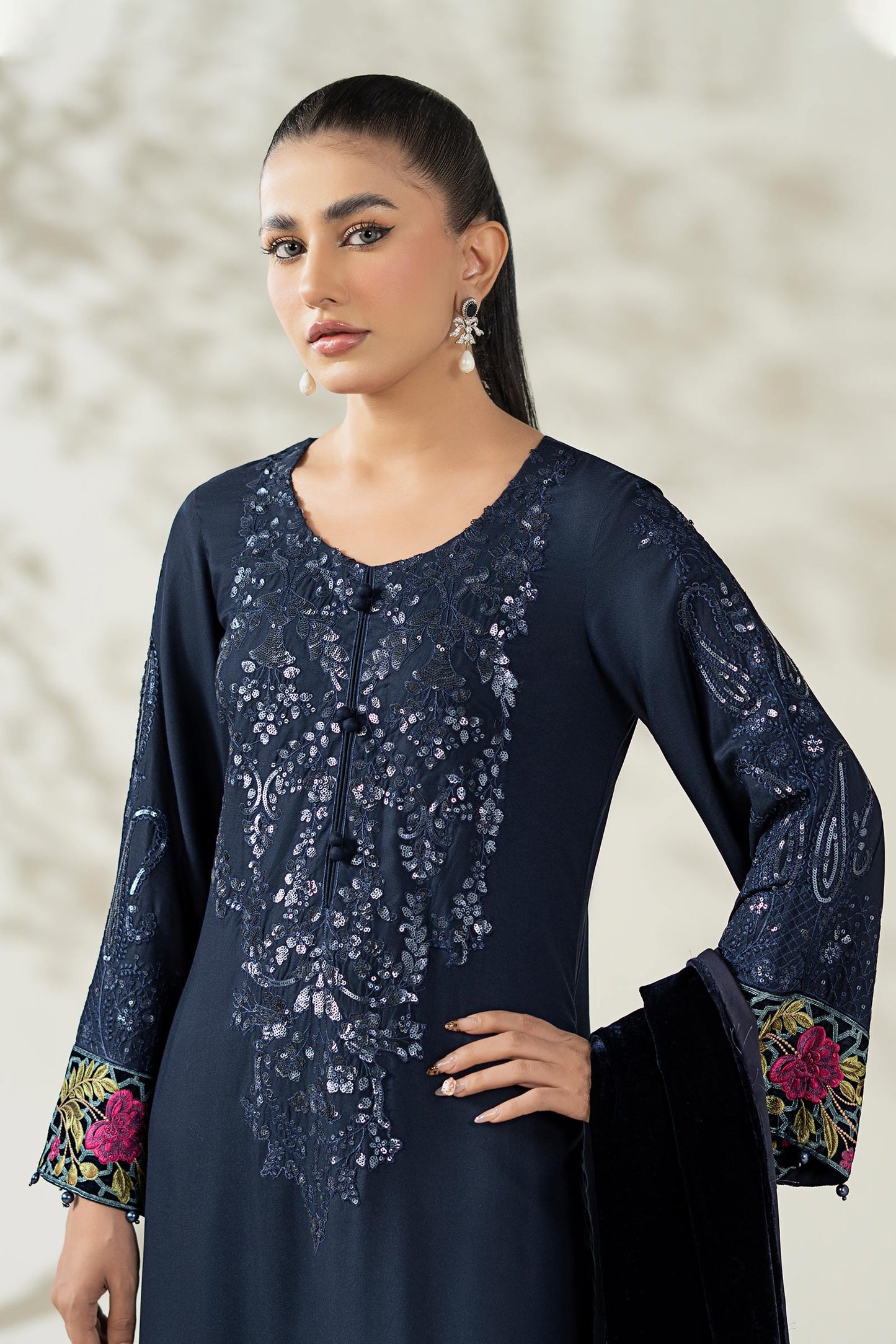 Maria B | Pre Fall Dresses | 3 Piece Embroidered Linen Suit VV - Pakistani Designer Dress - by Maria B - Type : Ladies Clothes - 100% Original at Saira Sultan