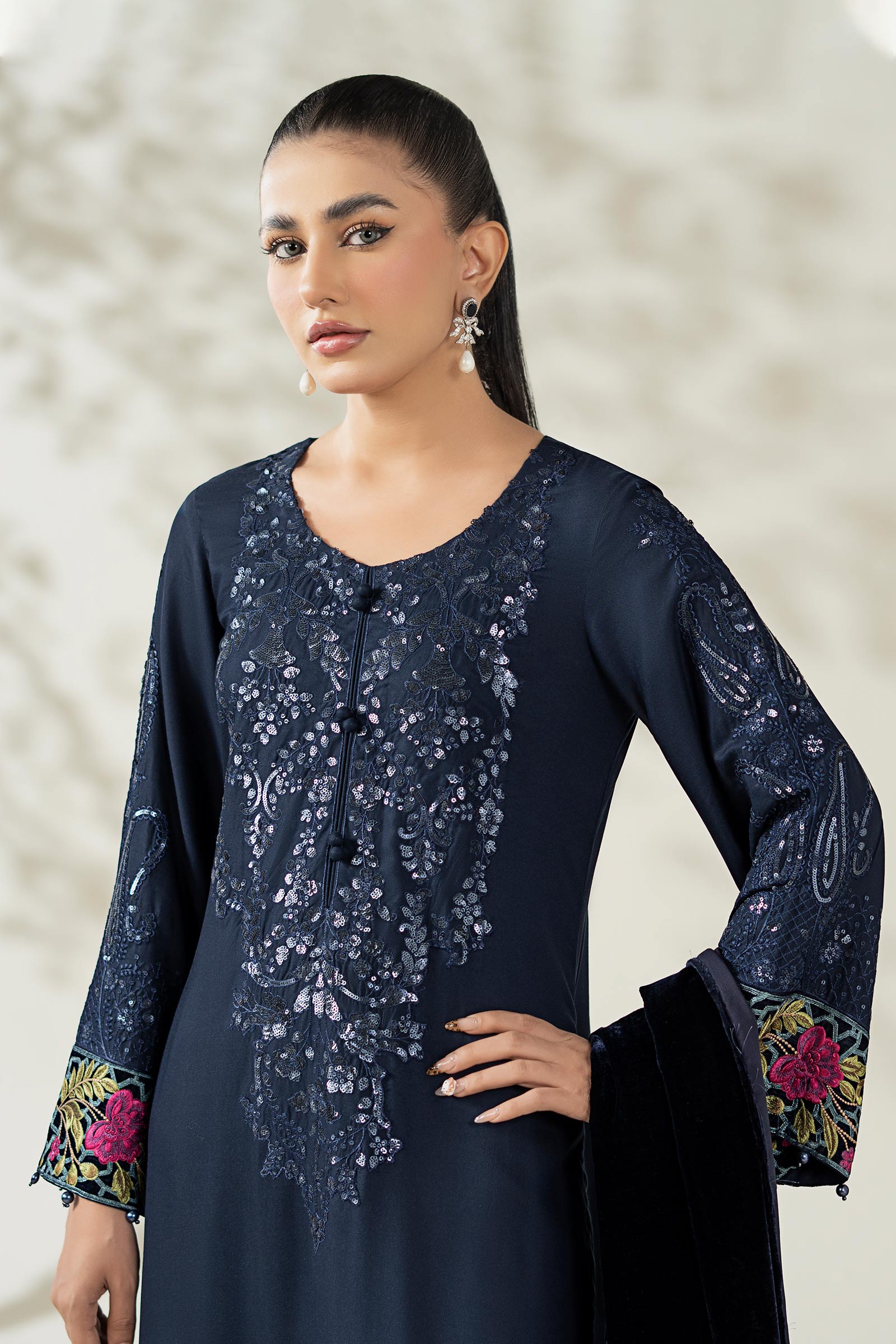 Maria B | Pre Fall Dresses | 3 Piece Embroidered Linen Suit VV - Pakistani Designer Dress - by Maria B - Type : Ladies Clothes - 100% Original at Saira Sultan