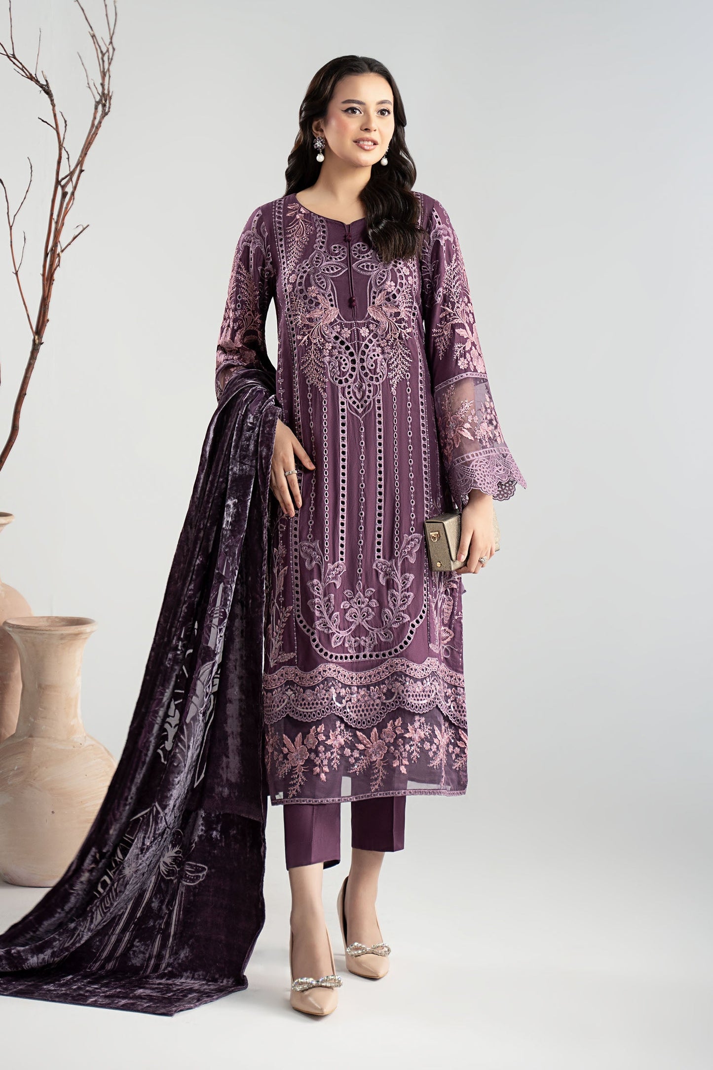 Maria B | Pre Fall Dresses | 3 Piece Embroidered Linen Suit ZD - Pakistani Designer Dress - by Maria B - Type : Ladies Clothes - 100% Original at Saira Sultan