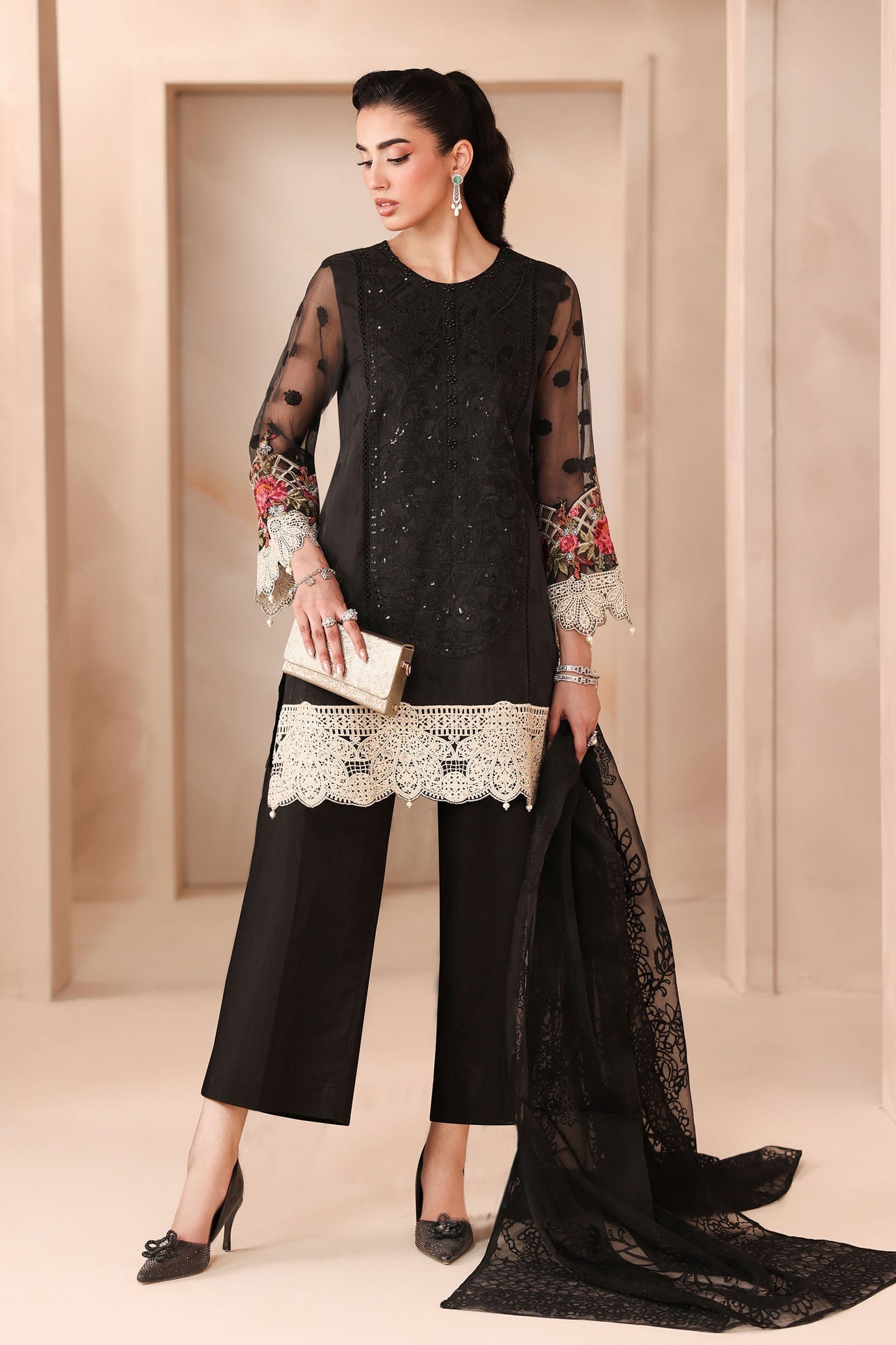 Maria B | Pre Fall Dresses | 3 Piece Embroidered Organza Jacquard Suit Black - Pakistani Designer Dress - by Maria B - Type : Ladies Clothes - 100% Original at Saira Sultan