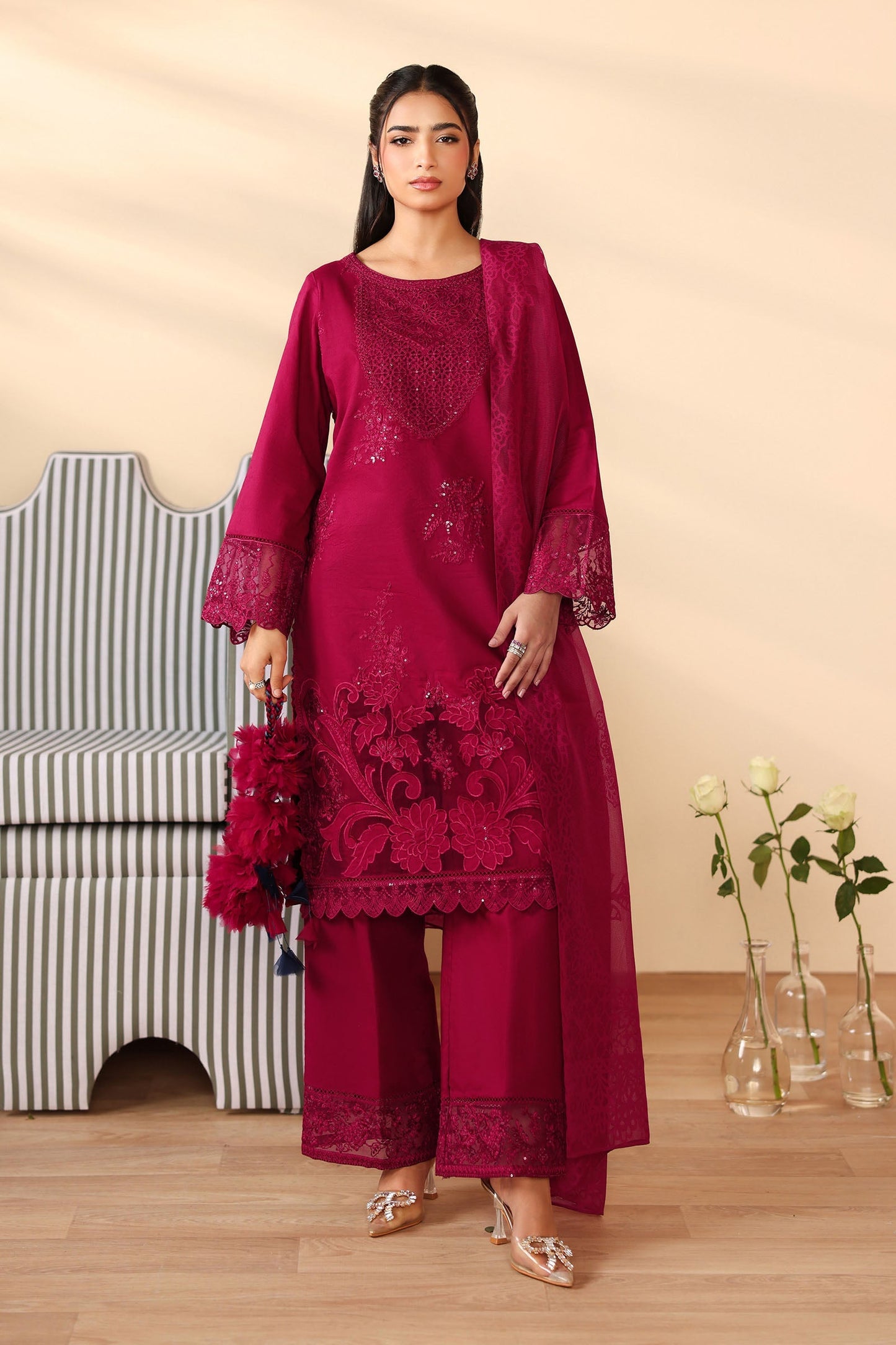 Maria B | Pre Fall Dresses | 3 Piece Embroidered Dobby Suit Maroon - Pakistani Designer Dress - by Maria B - Type : Ladies Clothes - 100% Original at Saira Sultan