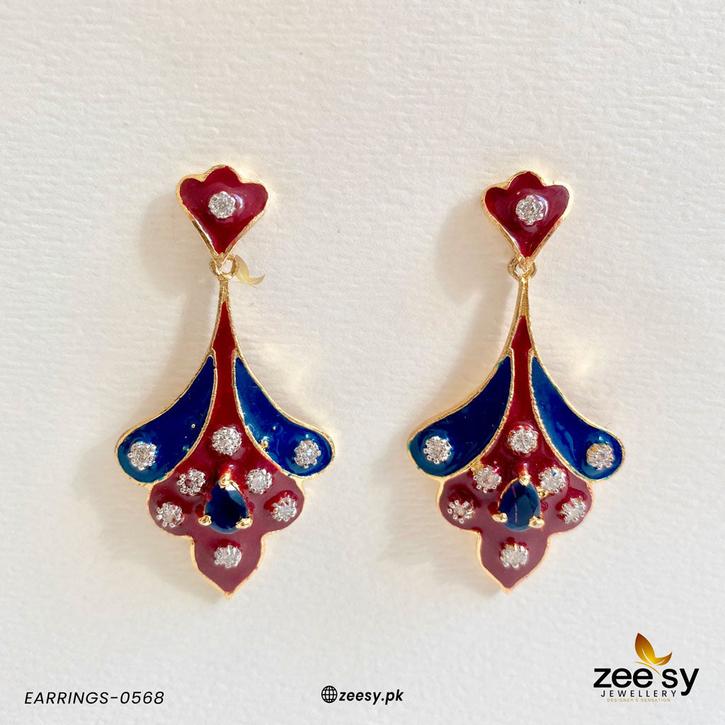 Earrings-0568 Center Stone Black-Mahroon & Blue