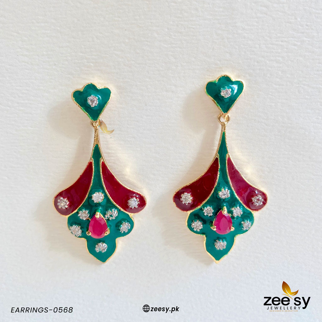 Earrings-0568 Center Stone Red-Green & Mahroon
