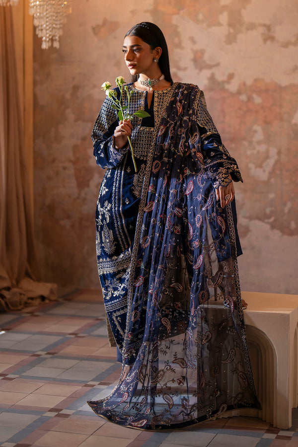 Emaan Adeel | Saanjh Velvet Collection 24 | Roshni Custom Size Navy Velvet