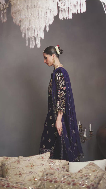 Emaan Adeel | Saanjh Velvet Collection 24 | MK-03 Falak XL Navy Blue Velvet