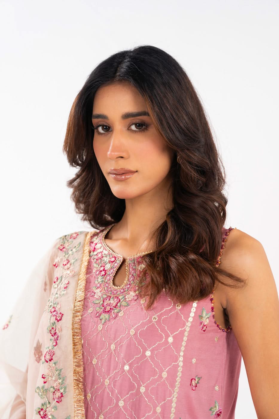 AlKaram | Festive Summer 25 | FC-11E-25-Dusty Pink L Pink Cotton Silk