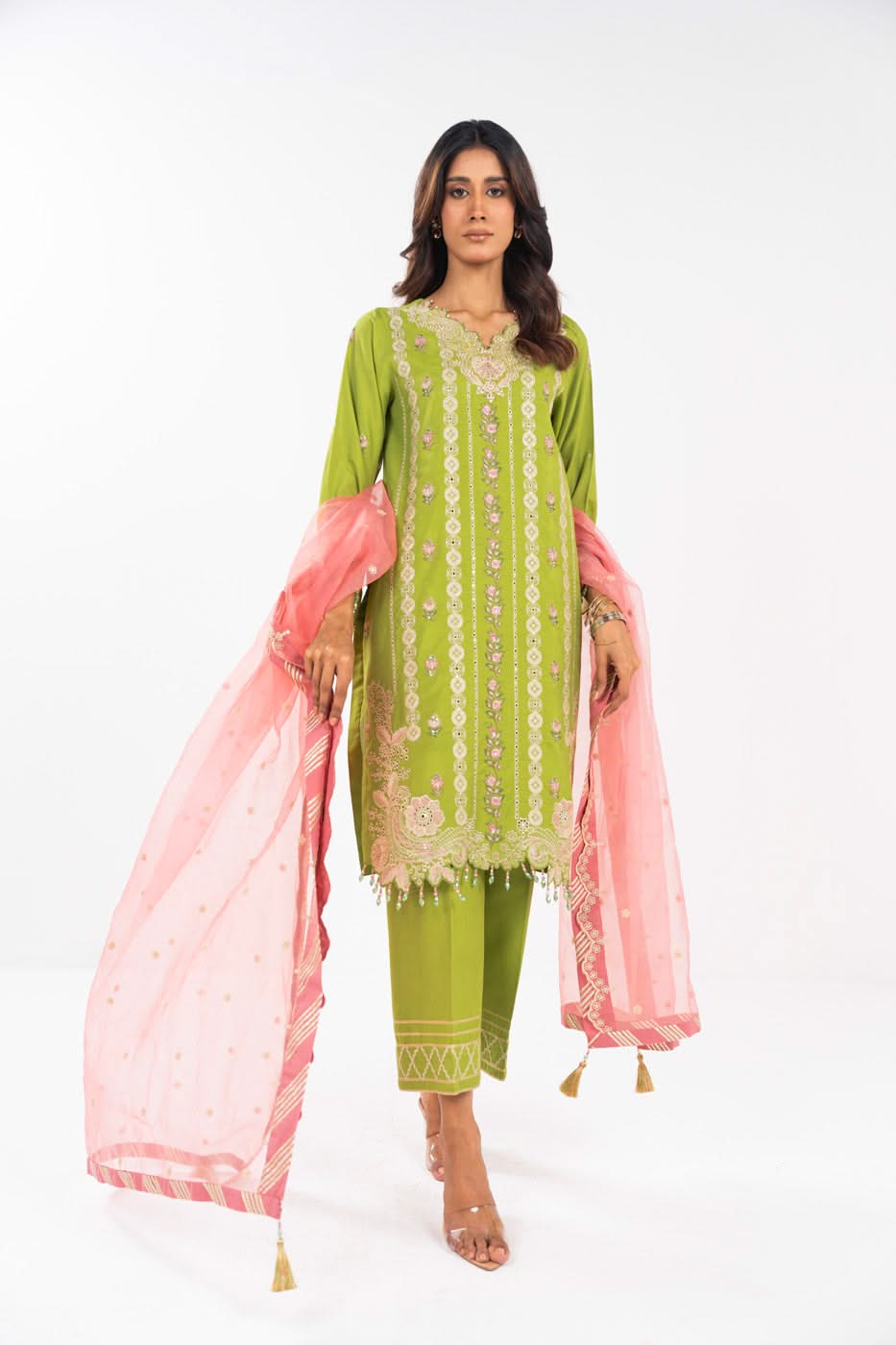 AlKaram | Festive Summer 25 | FC-12E-25-Lime Green XS Parrot Green Cotton Silk