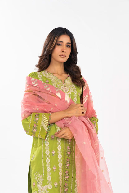 AlKaram | Festive Summer 25 | FC-12E-25-Lime Green L Parrot Green Cotton Silk