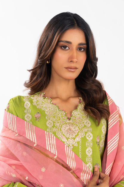 AlKaram | Festive Summer 25 | FC-12E-25-Lime Green M Parrot Green Cotton Silk