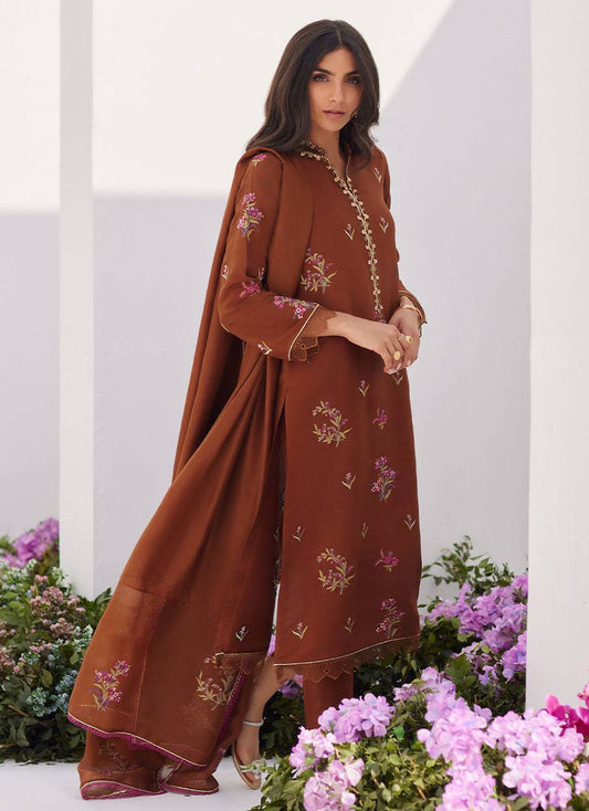 Farah Talib Aziz | Zaza Luxe Pret 24 | NOEMIE CHOCOLATE EMBROIDERED RAW SILK SHIRT AND DUPATTA - Pakistani Designer Dress - by Farah Talib Aziz | Type: Luxury - 100% Original at Saira Sultan