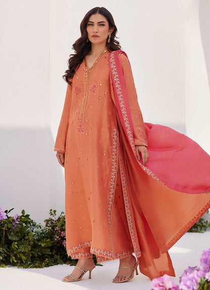 Farah Talib Aziz | Zaza Luxe Pret 24 | ELYNA CORAL EMBROIDERED RAW SILK SHIRT AND DUPATTA - Pakistani Designer Dress - by Farah Talib Aziz | Type: Luxury - 100% Original at Saira Sultan