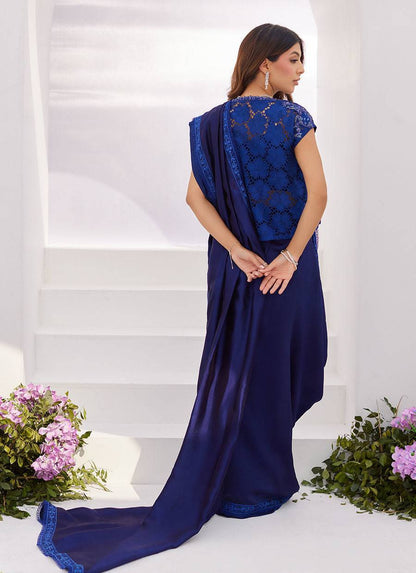 Farah Talib Aziz | Zaza Luxe Pret 24 | OCEAN NAVY DRAPED SAREE WITH CUTWORK EMBELLISHED CAPE - Pakistani Designer Dress - by Farah Talib Aziz | Type: Luxury - 100% Original at Saira Sultan