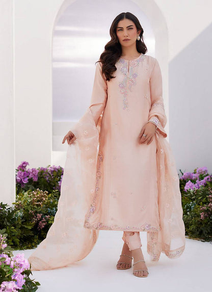 Farah Talib Aziz | Zaza Luxe Pret 24 | ELEA PEACH EMBROIDERED RAW SILK SHIRT AND DUPATTA - Pakistani Designer Dress - by Farah Talib Aziz | Type: Luxury - 100% Original at Saira Sultan