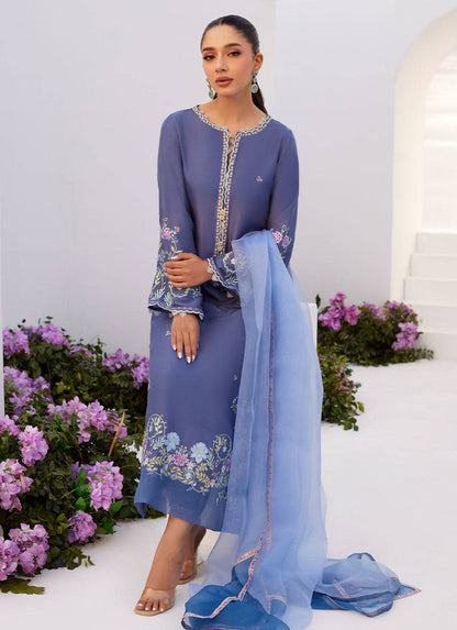 Farah Talib Aziz | Zaza Luxe Pret 24 | ALO BLUE EMBROIDERED SHIRT AND DUPATTA - Pakistani Designer Dress - by Farah Talib Aziz | Type: Luxury - 100% Original at Saira Sultan
