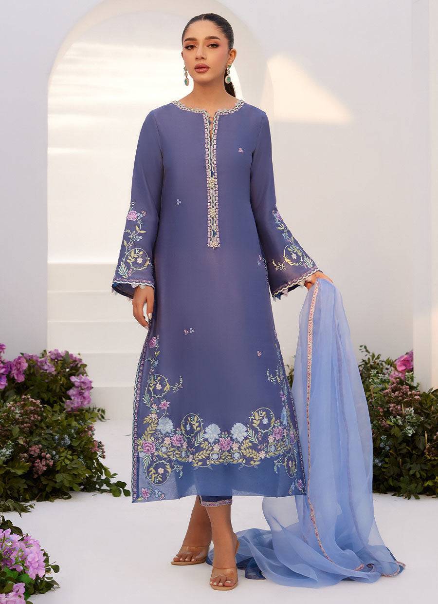 Farah Talib Aziz | Zaza Luxe Pret 24 | ALO BLUE EMBROIDERED SHIRT AND DUPATTA - Pakistani Designer Dress - by Farah Talib Aziz | Type: Luxury - 100% Original at Saira Sultan