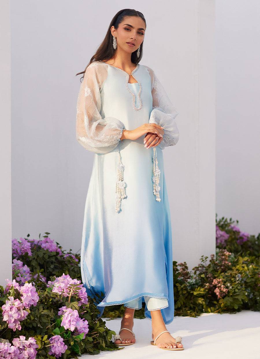 Farah Talib Aziz | Zaza Luxe Pret 24 | BOW OMBRE BLUE EMBELLISHED KAFTAN CUT SHIRT - Pakistani Designer Dress - by Farah Talib Aziz | Type: Luxury - 100% Original at Saira Sultan