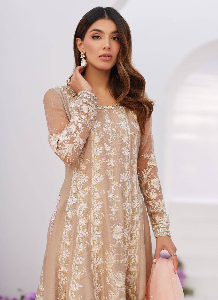 Farah Talib Aziz | Zaza Luxe Pret 24 | CHARLENE SAND EMBROIDERED KALIDAAR WITH DUPATTA - Pakistani Designer Dress - by Farah Talib Aziz | Type: Luxury - 100% Original at Saira Sultan