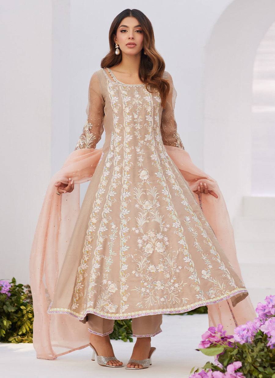 Farah Talib Aziz | Zaza Luxe Pret 24 | CHARLENE SAND EMBROIDERED KALIDAAR WITH DUPATTA - Pakistani Designer Dress - by Farah Talib Aziz | Type: Luxury - 100% Original at Saira Sultan