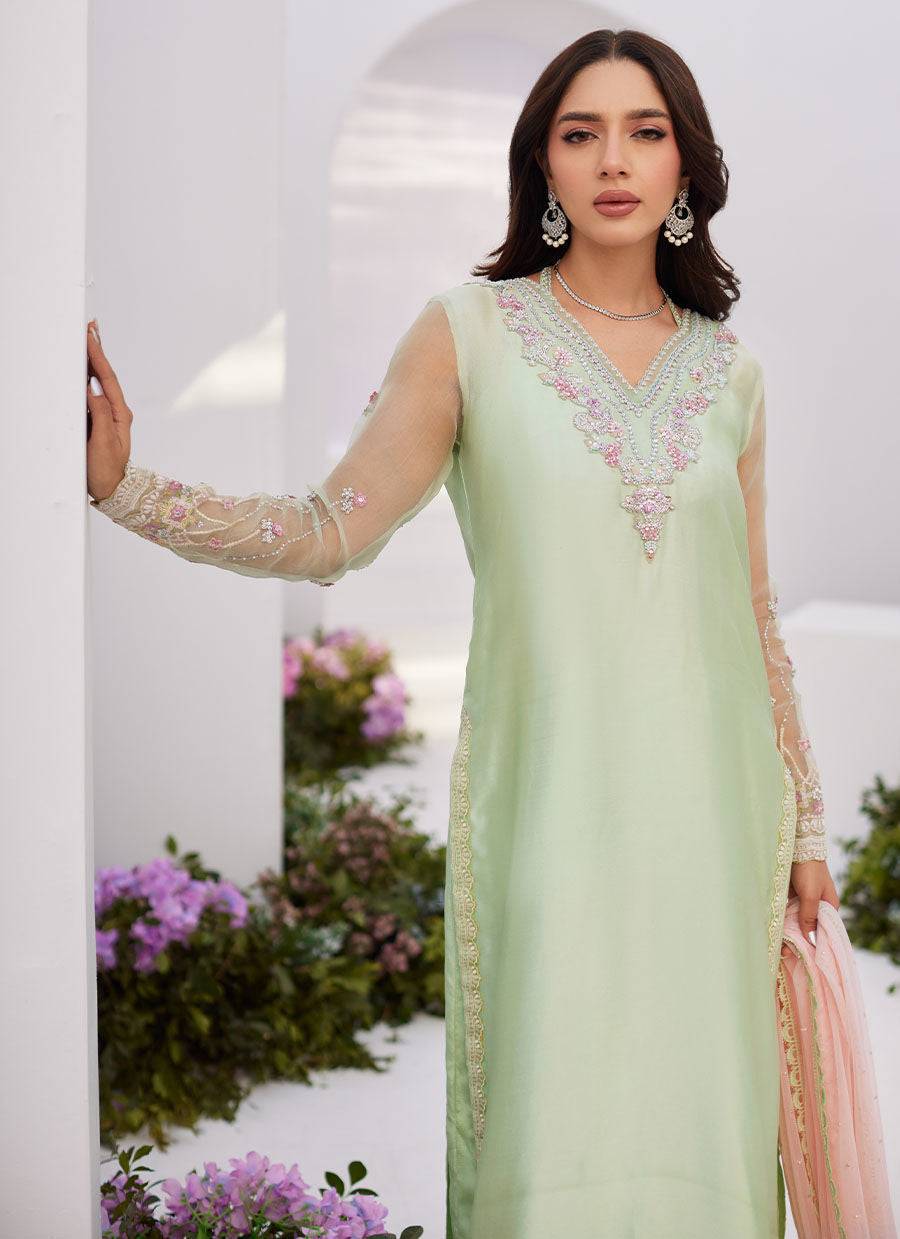 Farah Talib Aziz | Zaza Luxe Pret 24 | COLLETTE MINT OMBRE EMBELLISHED COLUMN SHIRT WITH KALIDAAR WITH EMBROIDERED SLIP - Pakistani Designer Dress - by Farah Talib Aziz | Type: Luxury - 100% Original at Saira Sultan