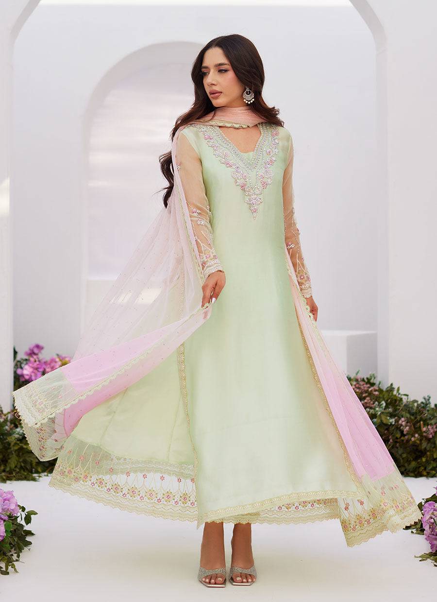 Farah Talib Aziz | Zaza Luxe Pret 24 | COLLETTE MINT OMBRE EMBELLISHED COLUMN SHIRT WITH KALIDAAR WITH EMBROIDERED SLIP - Pakistani Designer Dress - by Farah Talib Aziz | Type: Luxury - 100% Original at Saira Sultan