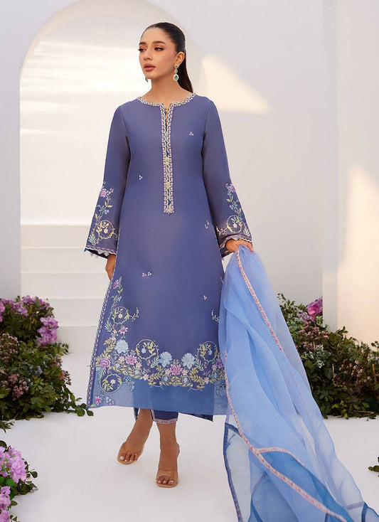 Farah Talib Aziz | Zaza Luxe Pret 24 | ALO BLUE EMBROIDERED SHIRT AND DUPATTA - Pakistani Designer Dress - by Farah Talib Aziz | Type: Luxury - 100% Original at Saira Sultan