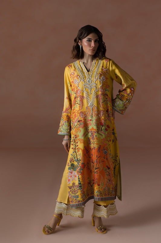 Ammara Khan | Flo 25 |Mango Slush Long Shirt Set (D-04) XS Yellow Raw Silk