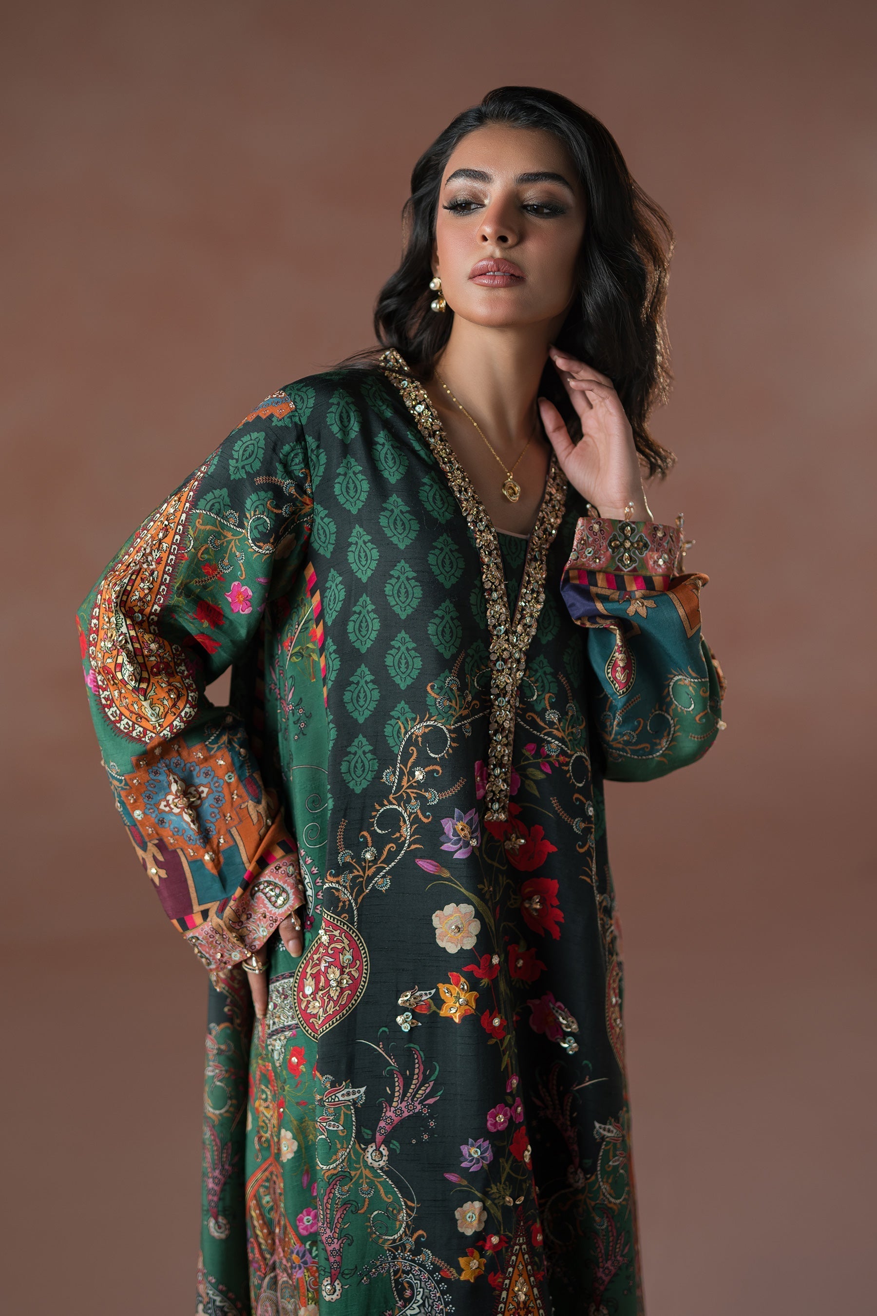 Ammara Khan | Flo 25 | Forest Floral Tassel Kaftan Set (D-06) L Teal Green Raw Silk