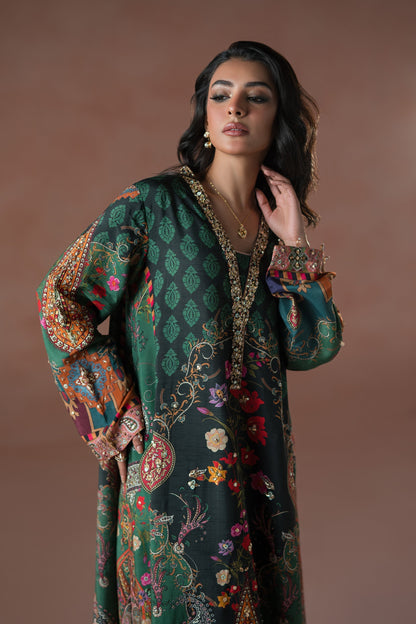 Ammara Khan | Flo 25 | Forest Floral Tassel Kaftan Set (D-06) L Teal Green Raw Silk